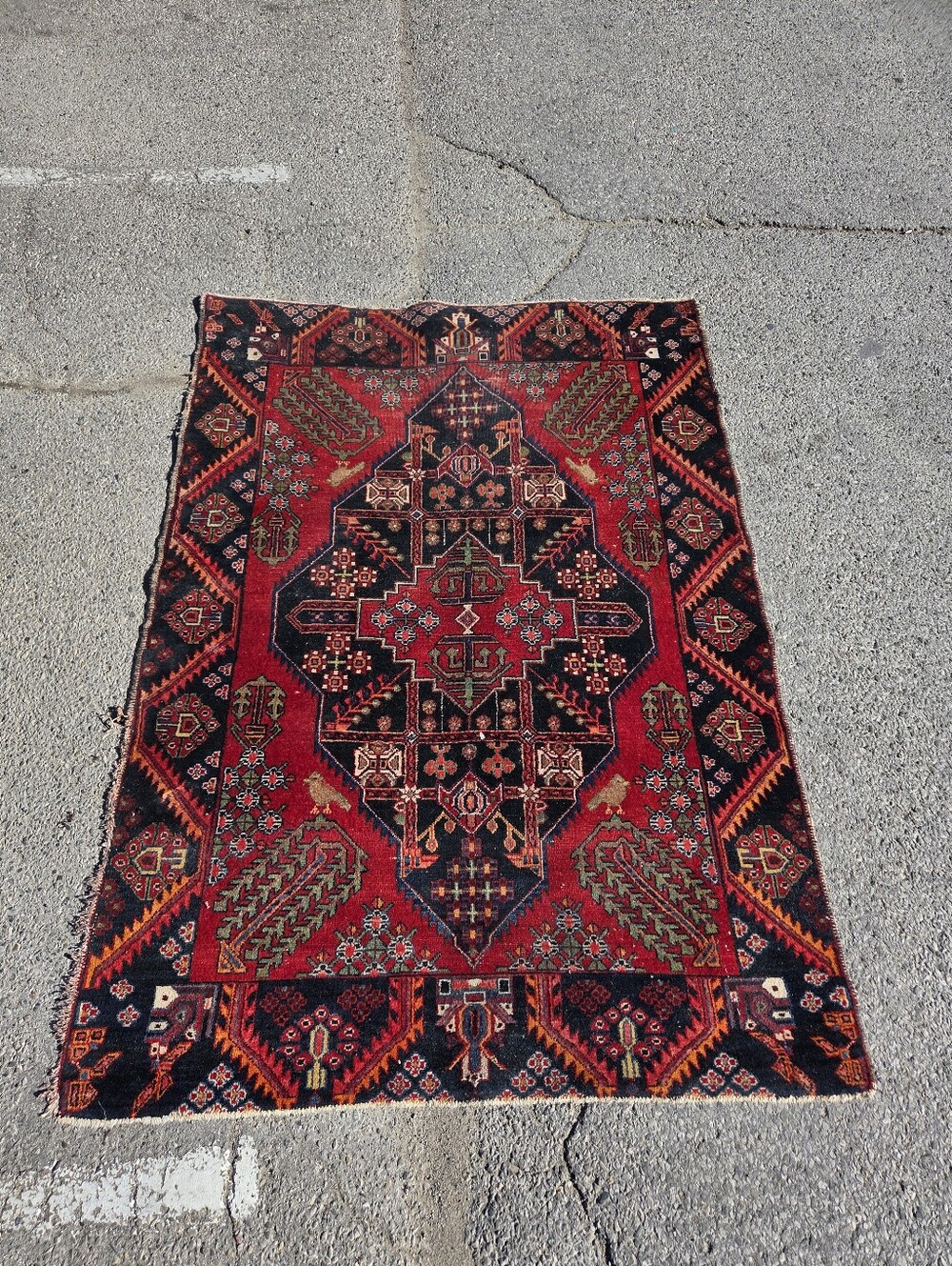 Vintage Persian Hamadan Rug - 5’ x 7’ Hand-Knotted Tribal Wool - Distressed Meda